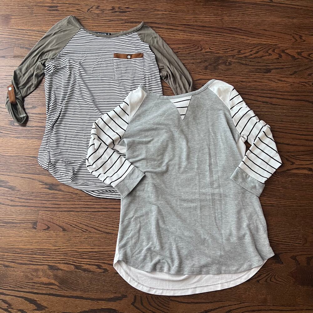 Pink Clover Women's Striped Casual Green and Gray 3.4 Sleeve Shirt Bundle Small